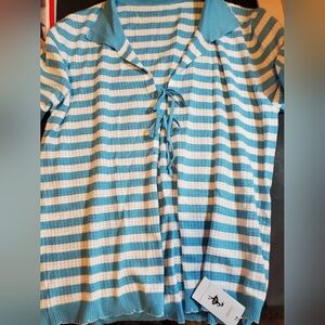 Blue and White Striped Women's Cardigan XXL